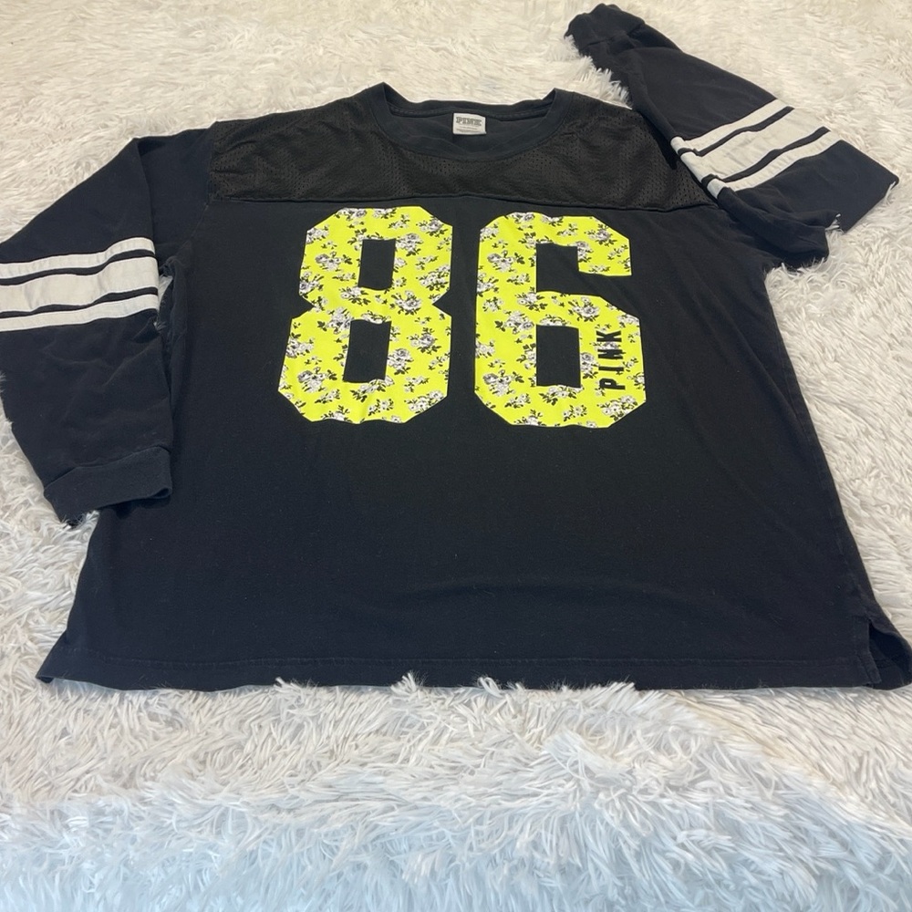 PINK Victoria's Secret Black and Neon Yellow Long Sleeve Tee WOMENS SIZE L